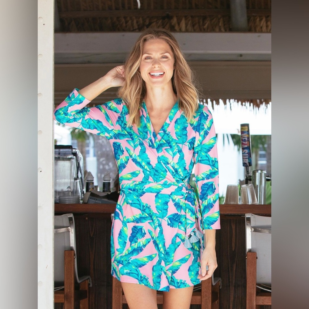 Cabana Life Preppy Palm Wrap Romper Size Medium